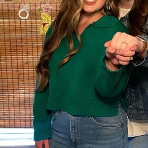 Papermoon Cropped Green Sweater V Neck Collared